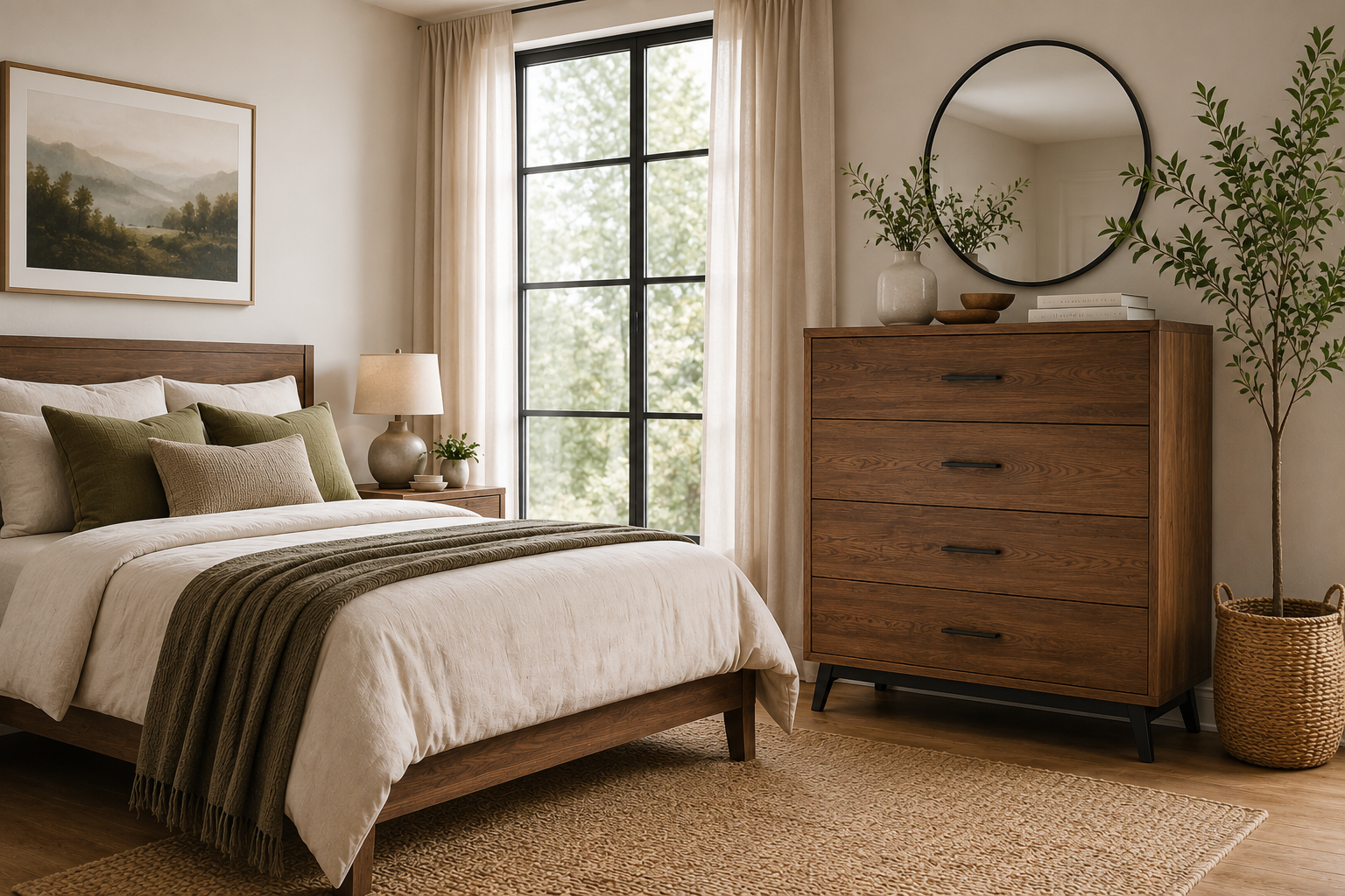 Modern bedroom with a solid wood chest of drawers