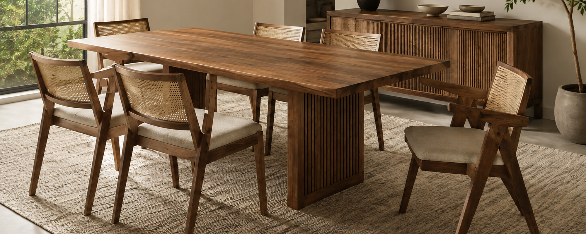 Oak & Loom Solid Wood Dining Table With Chairs Placed on a Large Rug, Showing Proper Clearance Around the Dining Set.  
