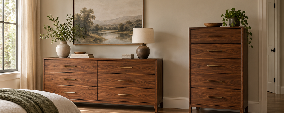 Wide Dresser And Narrower Chest of Drawers Compared in a Bedroom  