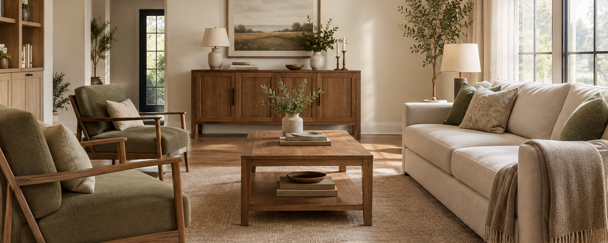 Living Room With Solid Wood Furniture and Open, Balanced Spacing.