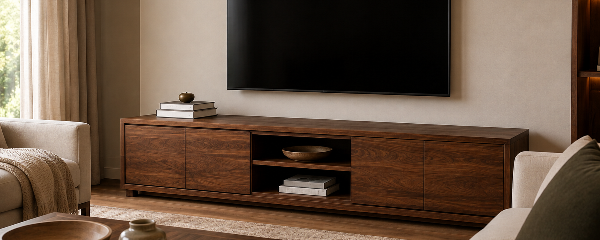 Solid Wood TV Stand Styled With Books and a Tall Plant, Framing the Television.  