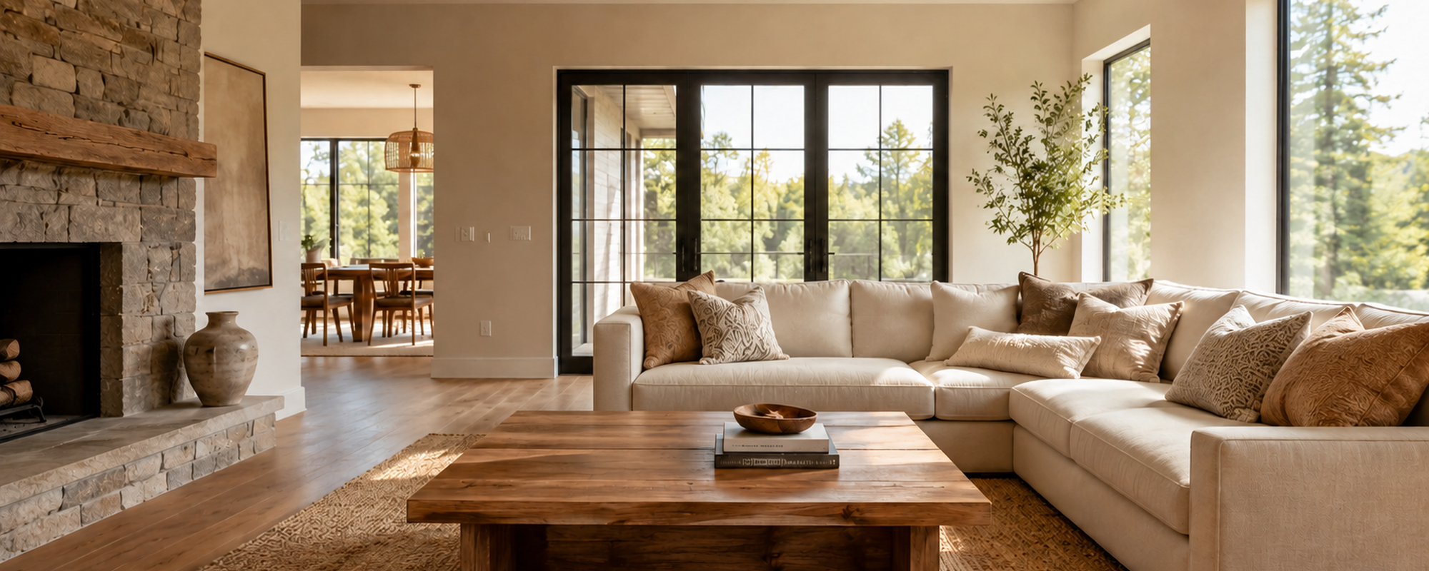 Modern Rustic Living Room With a Solid Wood Coffee Table, Neutral Sofa, Stone Fireplace, and Natural Wood Accents.  
