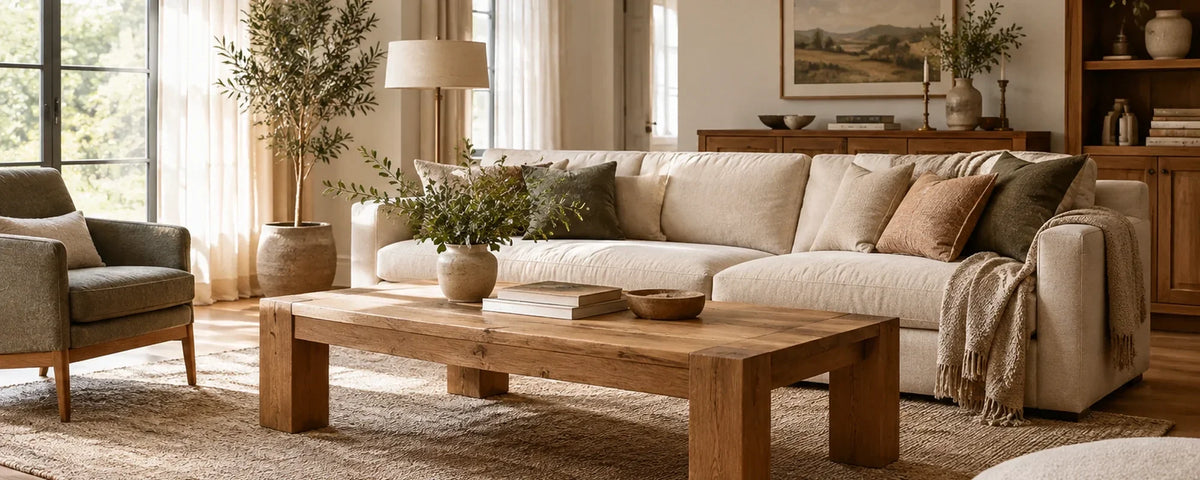 Warm, Naturally Lit Living Room with Solid Wood Coffee Table, Upholstered Seating, Rug, and Wood Shelving  