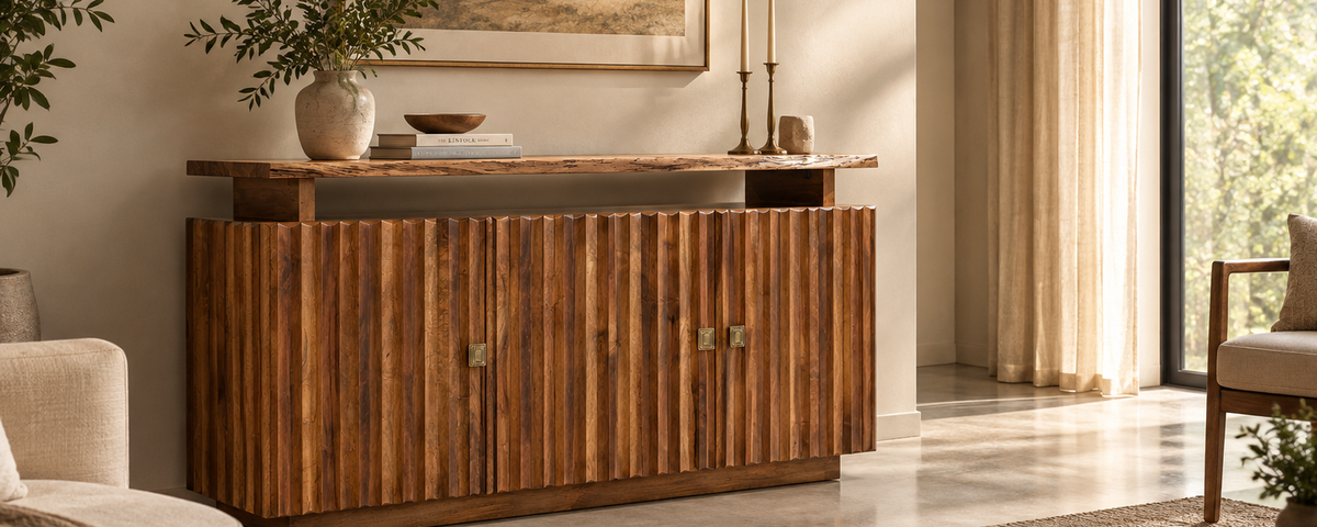 Ribbed Solid Wood Sideboard Styled in a Warm, Modern Living Room with Neutral Decor and Natural Light.