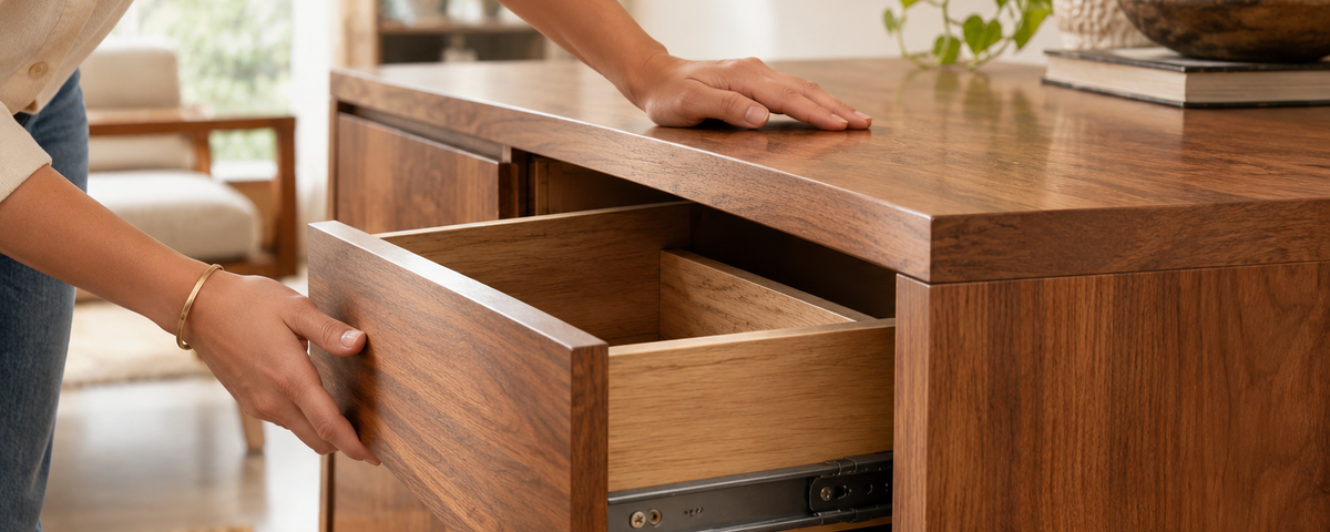 Person Checking The Construction Quality of a Wooden Cabinet By Testing its Surface and Opening a Drawer  