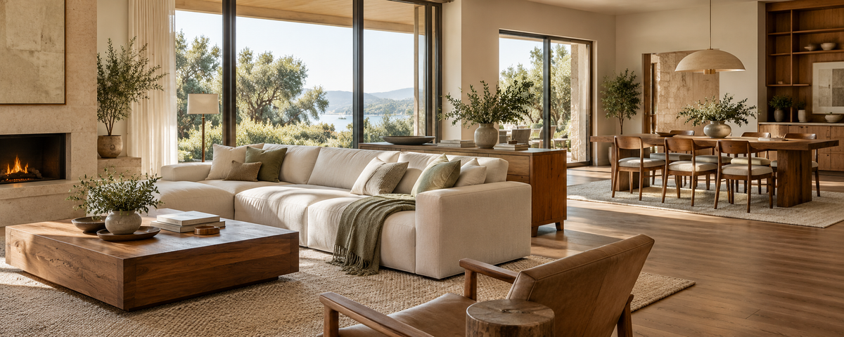 Open-Plan Living And Dining Room With a Solid-Wood Console Behind The Sofa and a Dining Table Beyond.