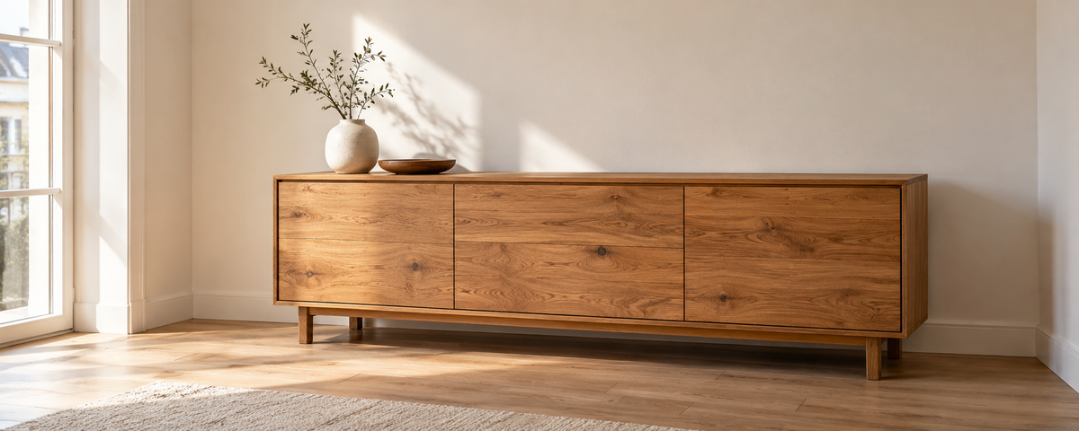 Solid Wood Sideboard in a Simple Rental Apartment Interior.
