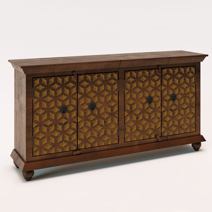 Vernado Rustic Green Flower 4 Door Wooden Sideboard in Dark Brown Finish