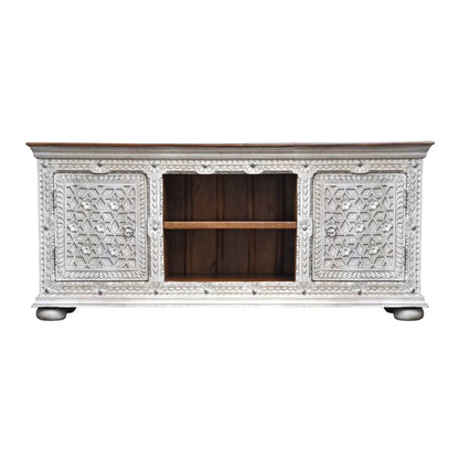 Alpena Rustic Ornate Carved Distressed Wooden TV Cabinet