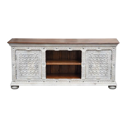 Alpena Rustic Ornate Carved Distressed Wooden TV Cabinet