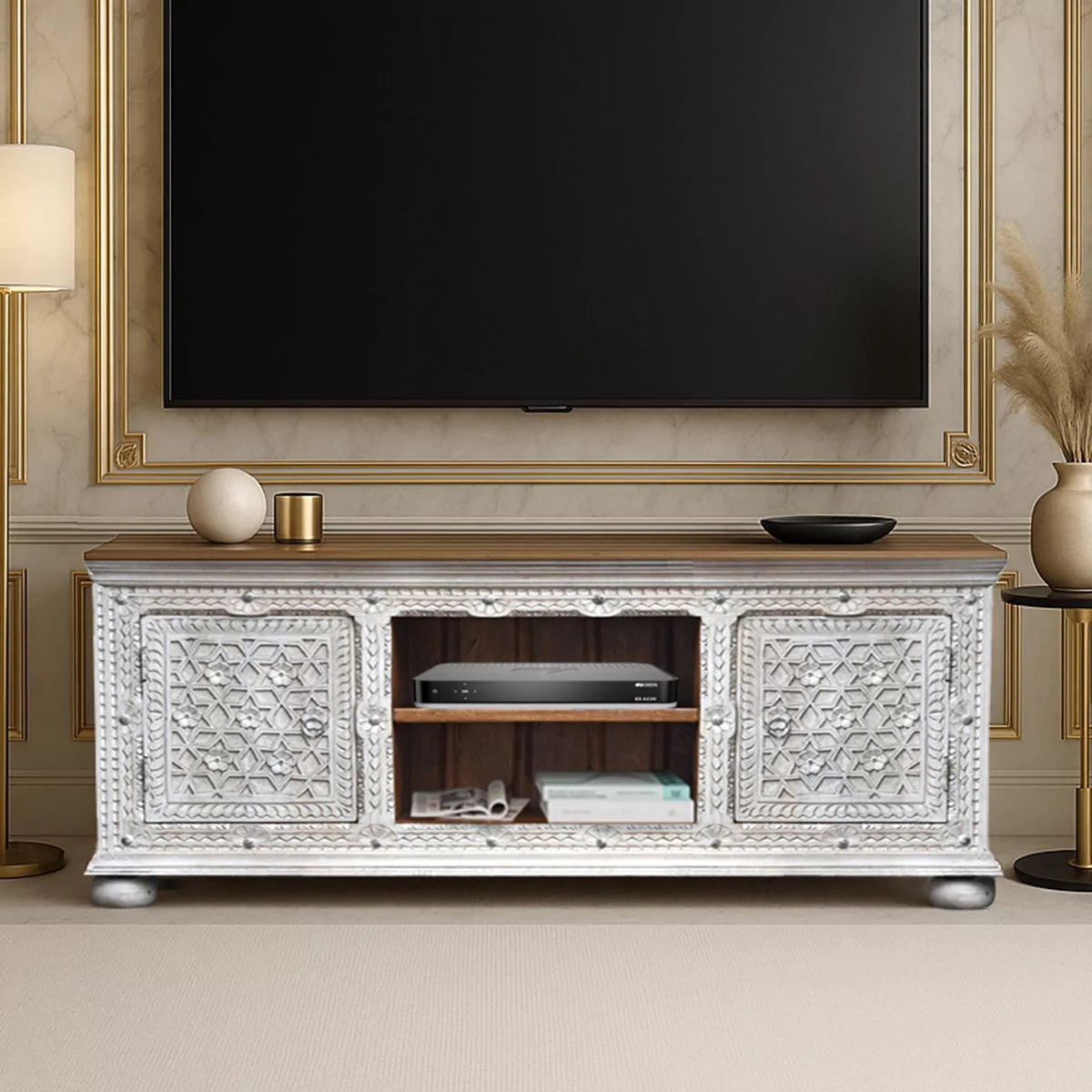 Alpena Rustic Ornate Carved Distressed Wooden TV Cabinet