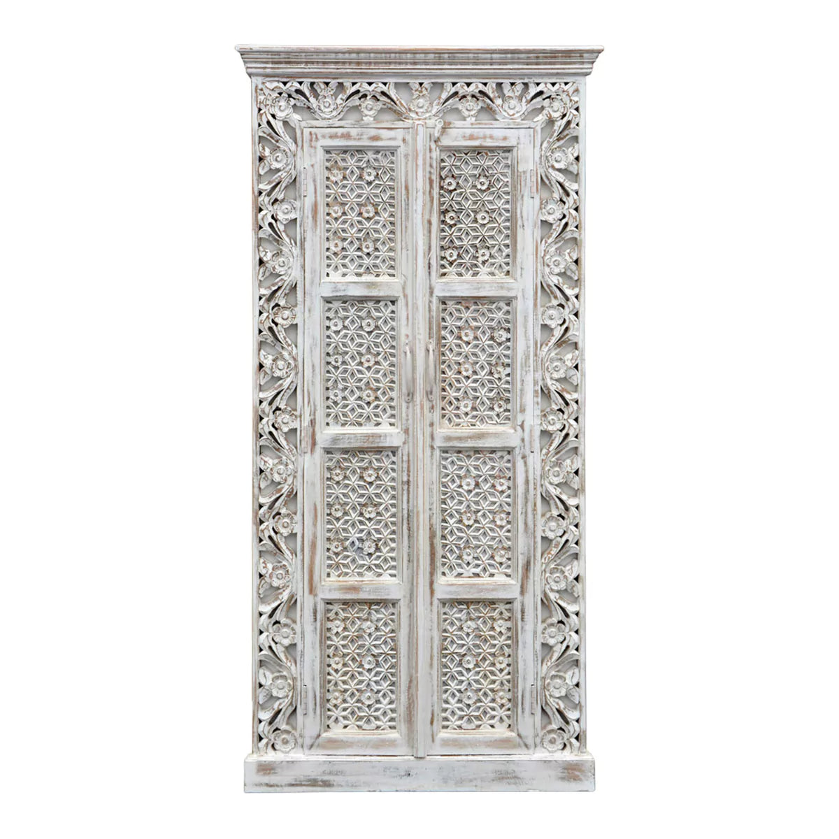 Asheville Rustic Distressed White Carved Wooden Tall Cabinet (2)