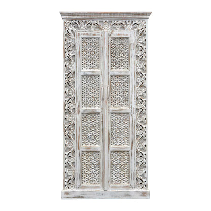 Asheville Rustic Distressed White Carved Wooden Tall Cabinet (2)