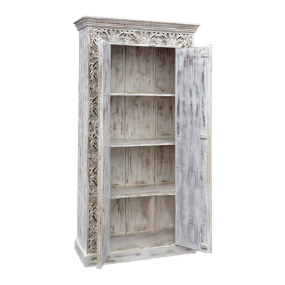Asheville Rustic Distressed White Carved Wooden Tall Cabinet