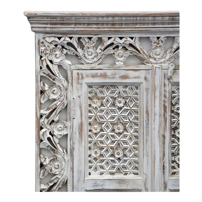 Asheville Rustic Distressed White Carved Wooden Tall Cabinet