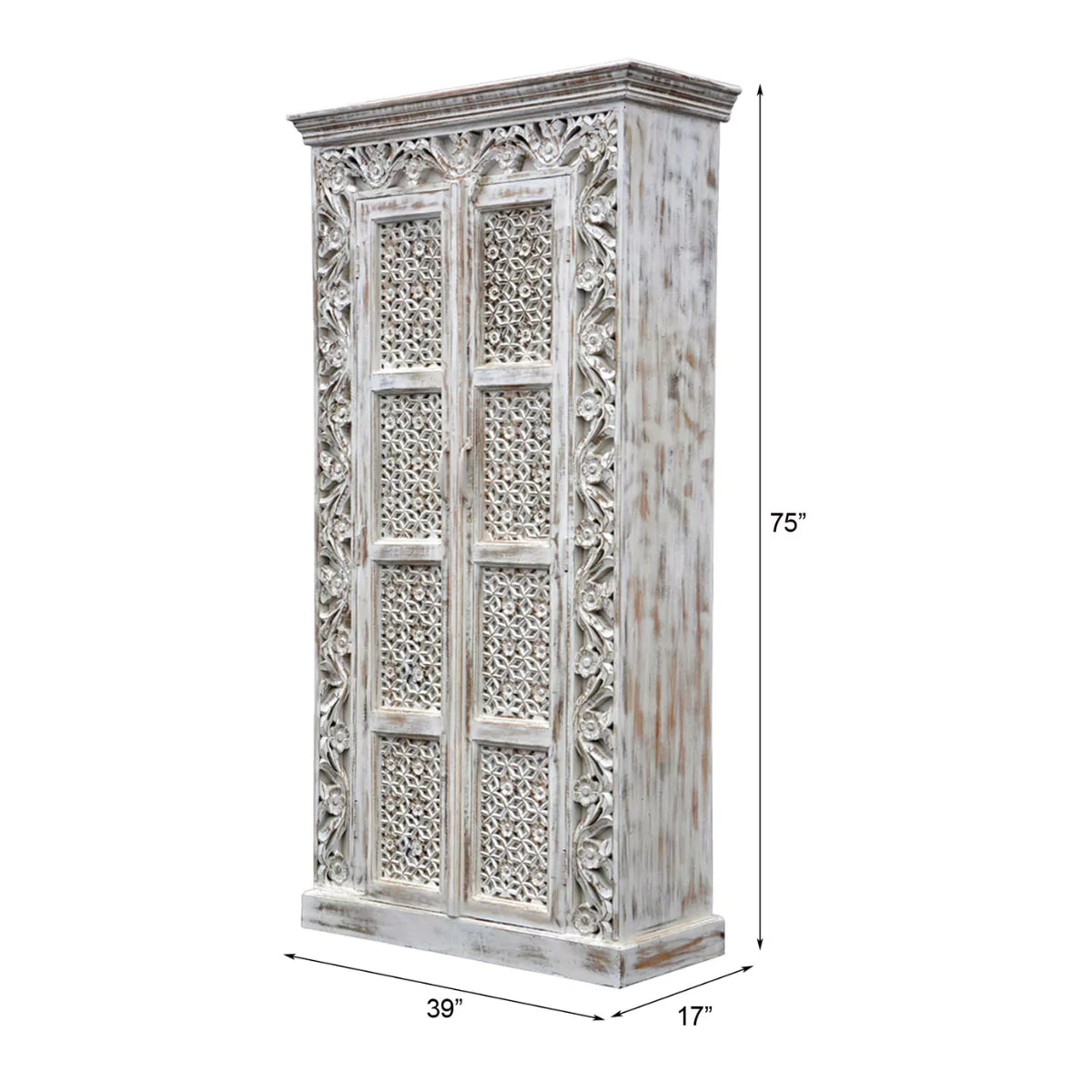Asheville Rustic Distressed White Carved Wooden Tall Cabinet