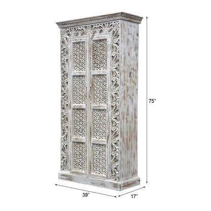 Asheville Rustic Distressed White Carved Wooden Tall Cabinet
