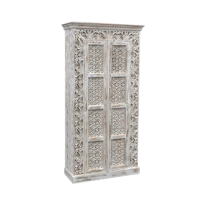 Asheville Rustic Distressed White Carved Wooden Tall Cabinet