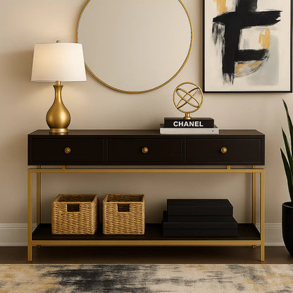 Beverly Grove Modern Black and Gold Console Table with 3 Drawers