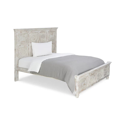 Caldera Rustic Distressed White Hand-Carved Wooden Bed