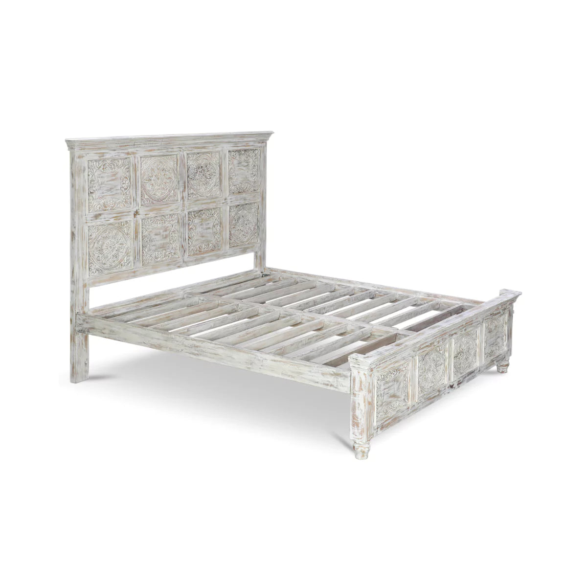 Caldera Rustic Distressed White Hand-Carved Wooden Bed