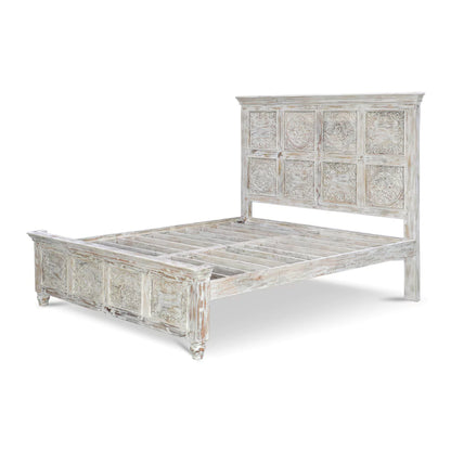Caldera Rustic Distressed White Hand-Carved Wooden Bed
