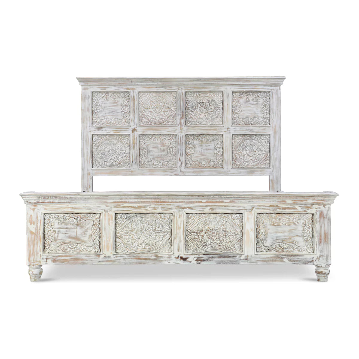 Caldera Rustic Distressed White Hand-Carved Wooden Bed