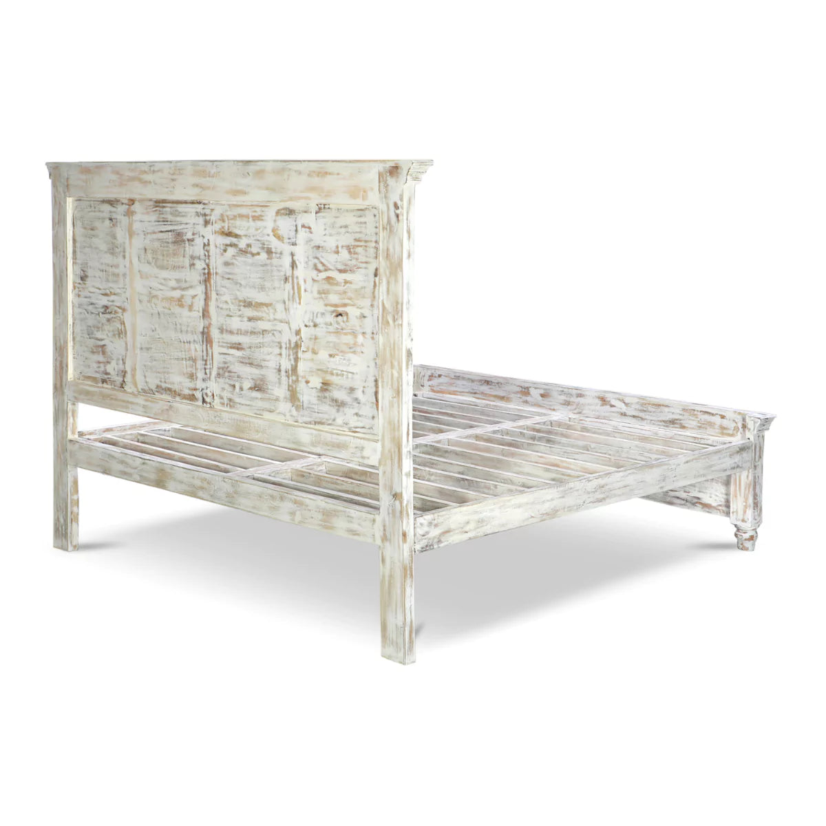 Caldera Rustic Distressed White Hand-Carved Wooden Bed
