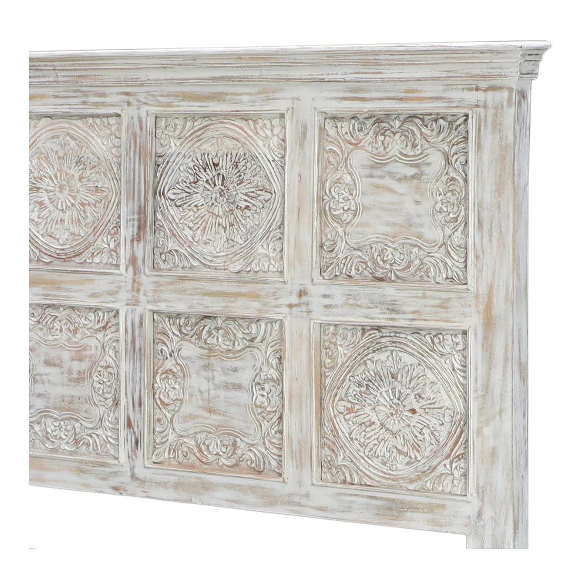 Caldera Rustic Distressed White Hand-Carved Wooden Bed