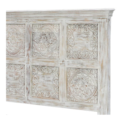 Caldera Rustic Distressed White Hand-Carved Wooden Bed