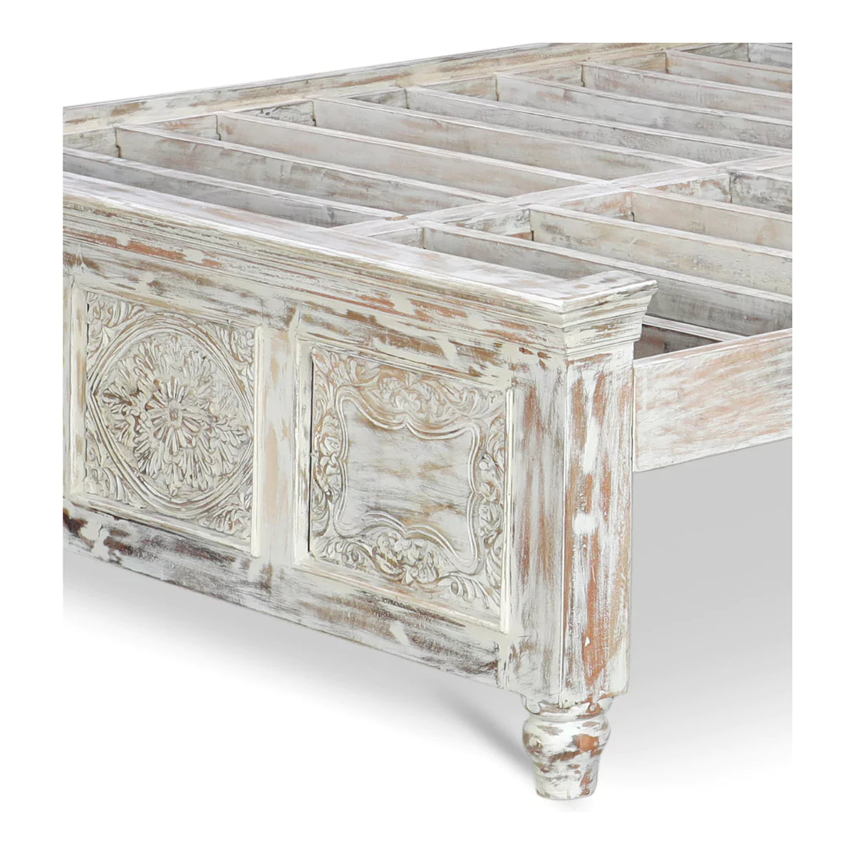 Caldera Rustic Distressed White Hand-Carved Wooden Bed