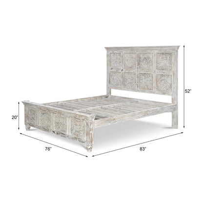 Caldera Rustic Distressed White Hand-Carved Wooden Bed