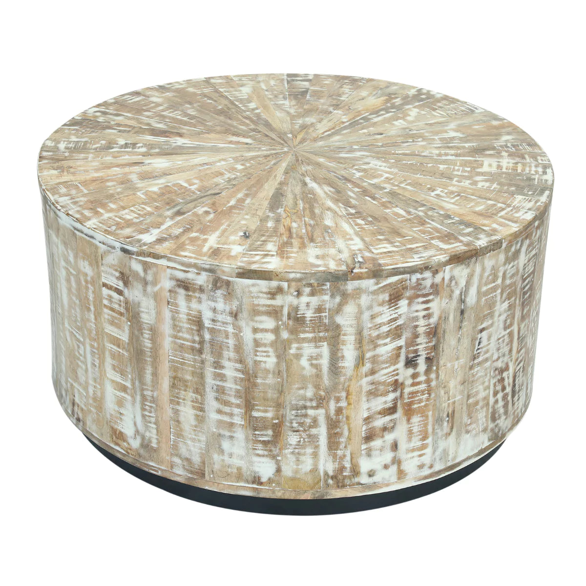 Cambria WHandcrafted round drum design Whitewashed rustic finish Solid mango wood constructionhitewashed Solid Wood Round Drum Coffee Table