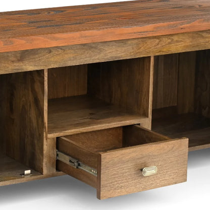 Evorence Traditional Solid Rustic Wood TV Stand - Open Closeup View