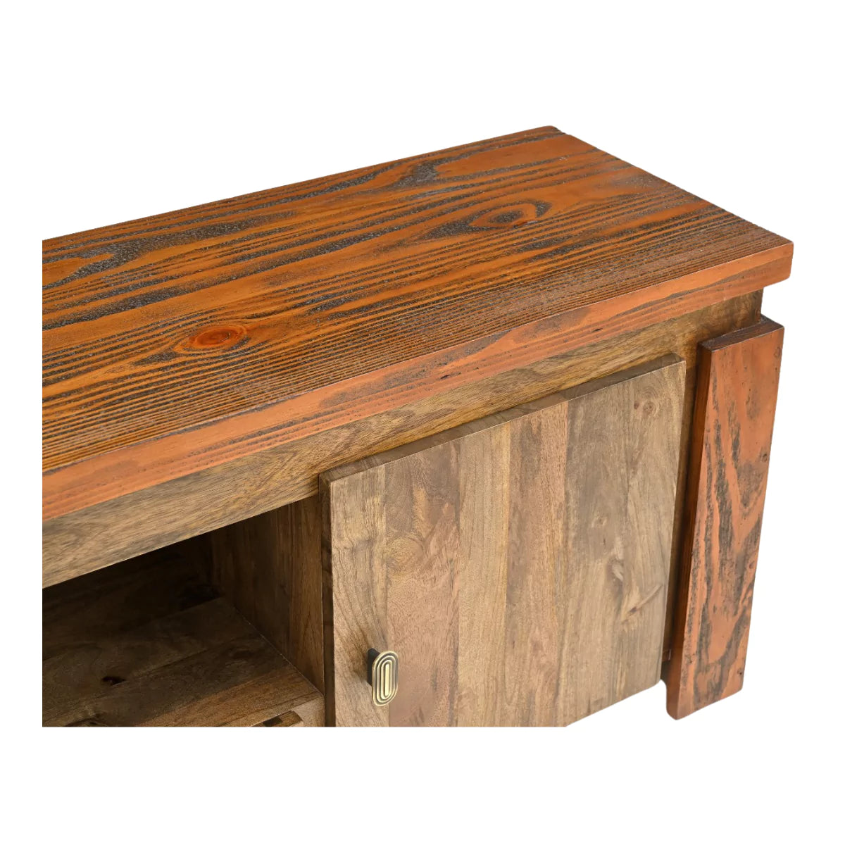 Evorence Traditional Solid Rustic Wood TV Stand - Top Closeup View