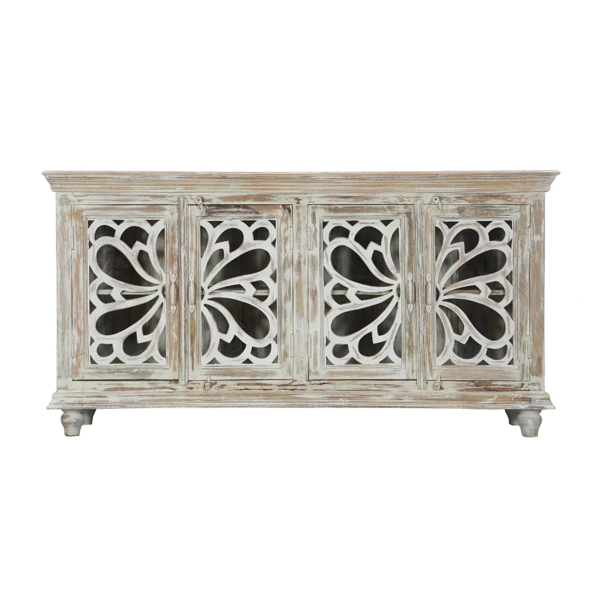 Hudson Rustic Solid Carved Wood Distressed White Sideboard Cabinet