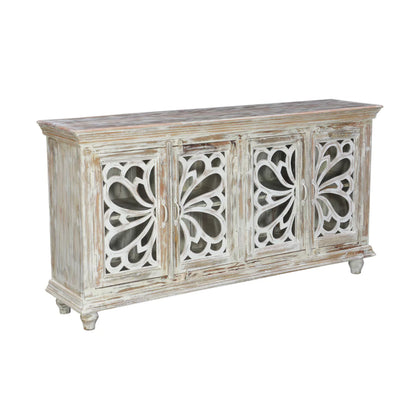 Hudson Rustic Solid Carved Wood Distressed White Sideboard Cabinet