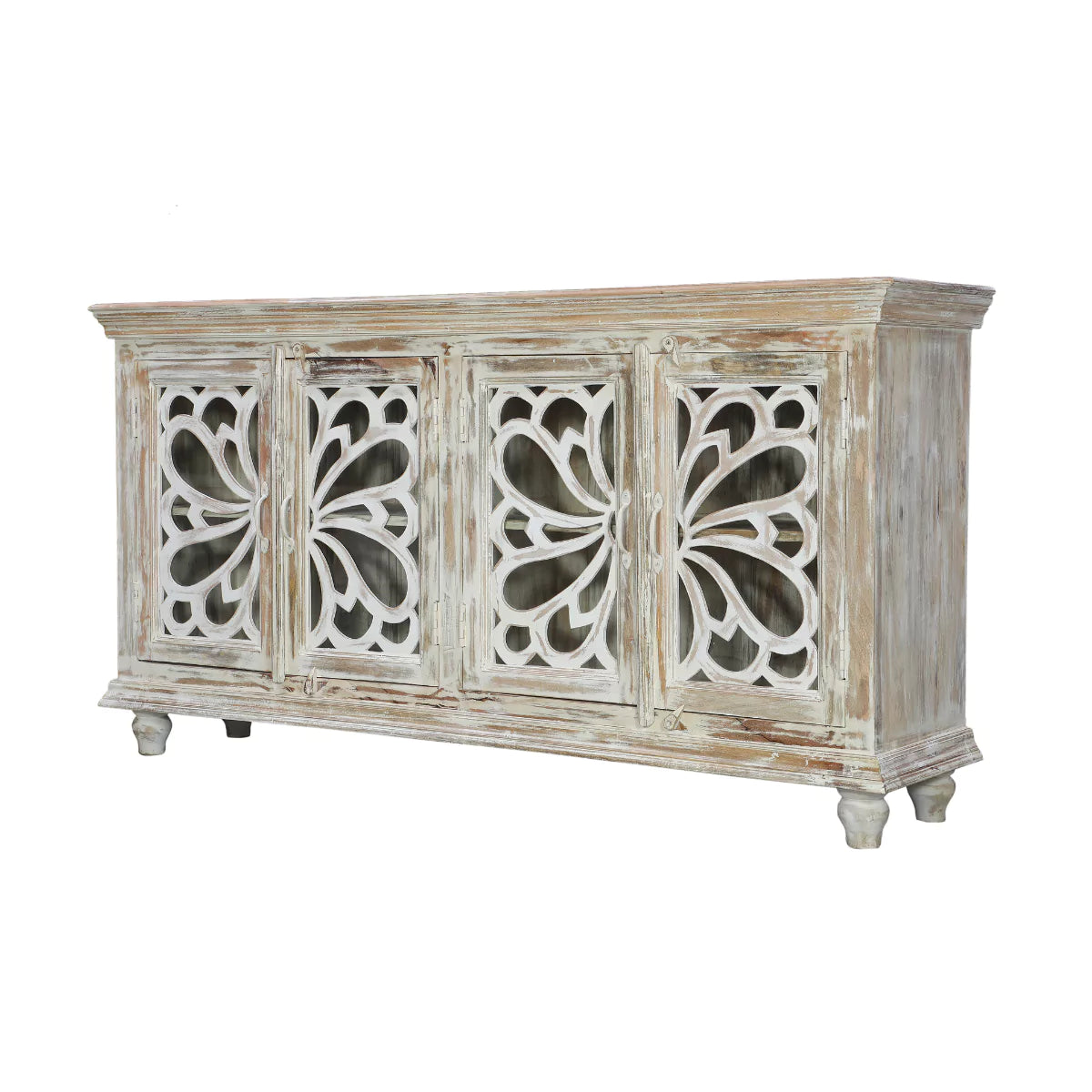 Hudson Rustic Solid Carved Wood Distressed White Sideboard Cabinet