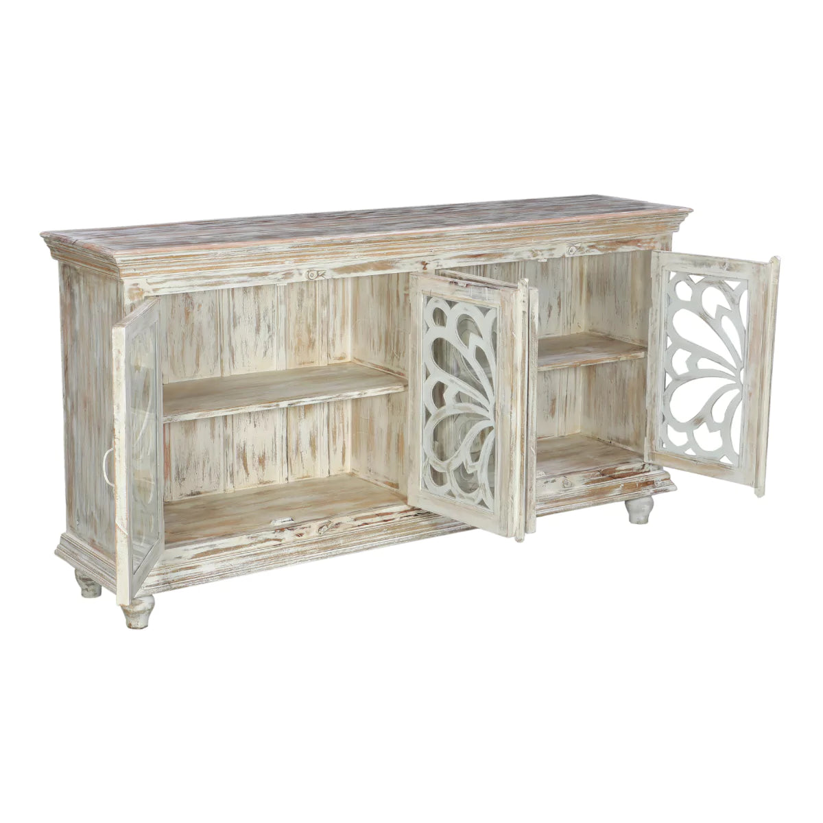 Hudson Rustic Solid Carved Wood Distressed White Sideboard Cabinet