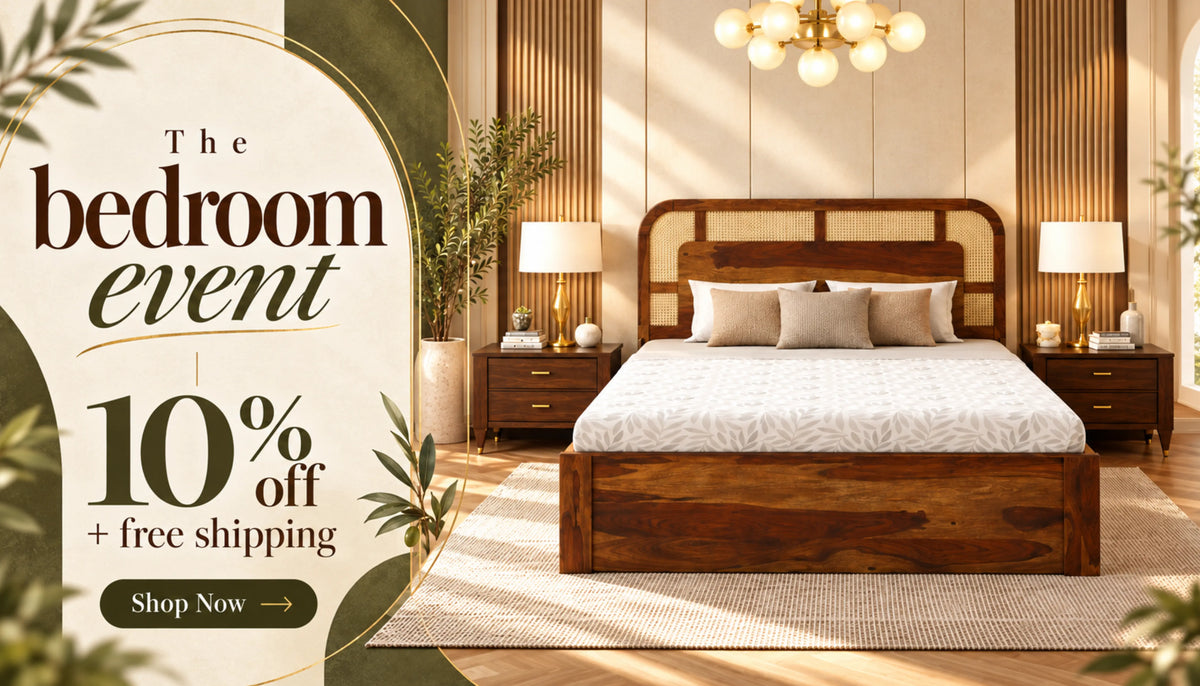 Bedroom event banner showing a wooden bed with a cane headboard and matching bedside tables, offering 10% off plus free shipping. Shop now.
