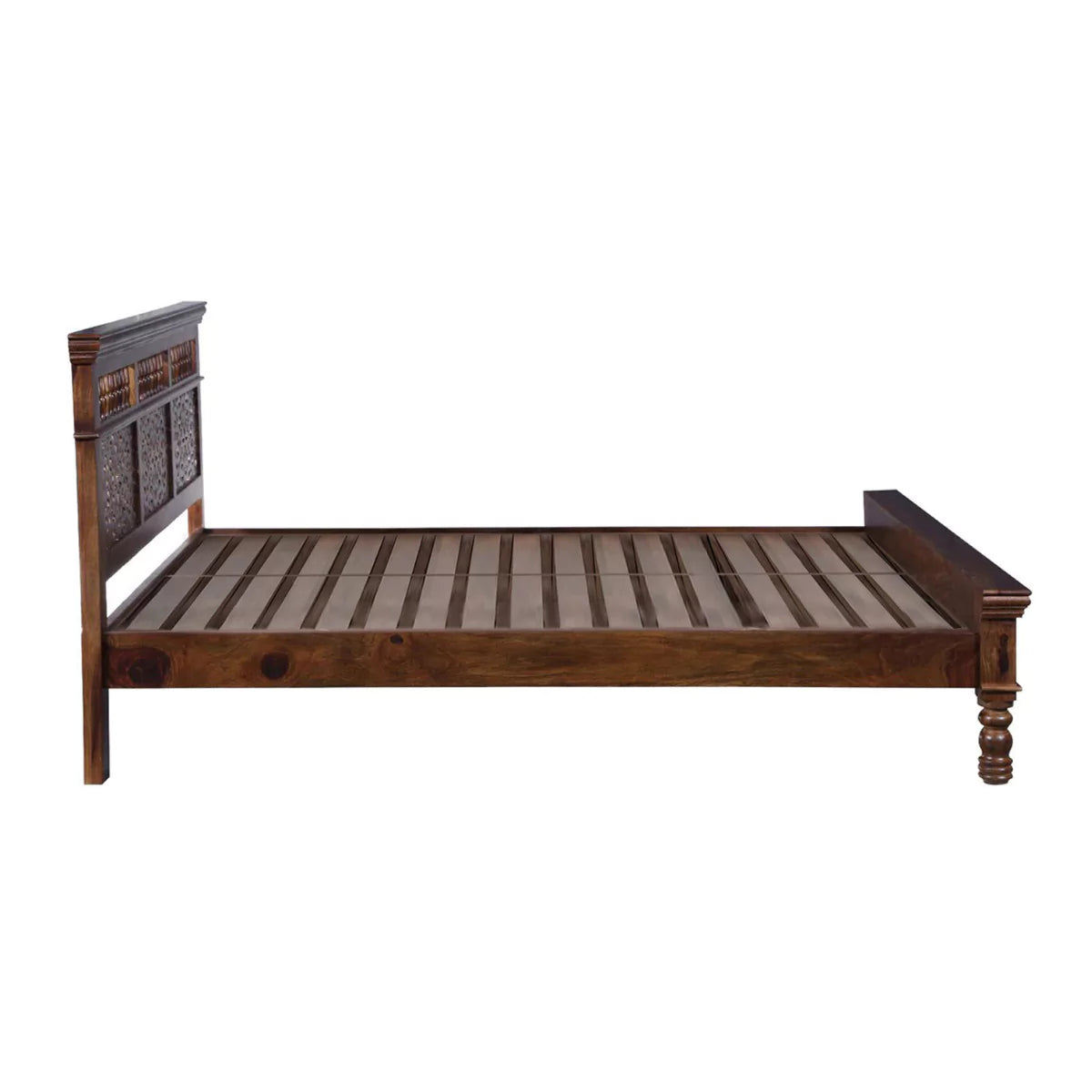 Milbridge Low Profile Traditional Carved Wooden Bed in Teak Finish
