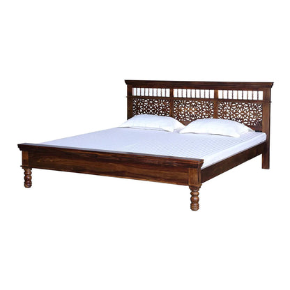 Milbridge Low Profile Traditional Carved Wooden Bed in Teak Finish