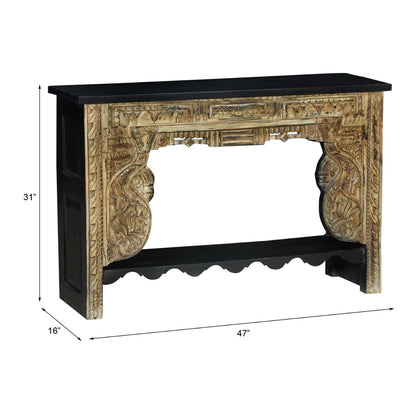 Montrose Rustic Solid Carved Wood Console Table with Shelf
