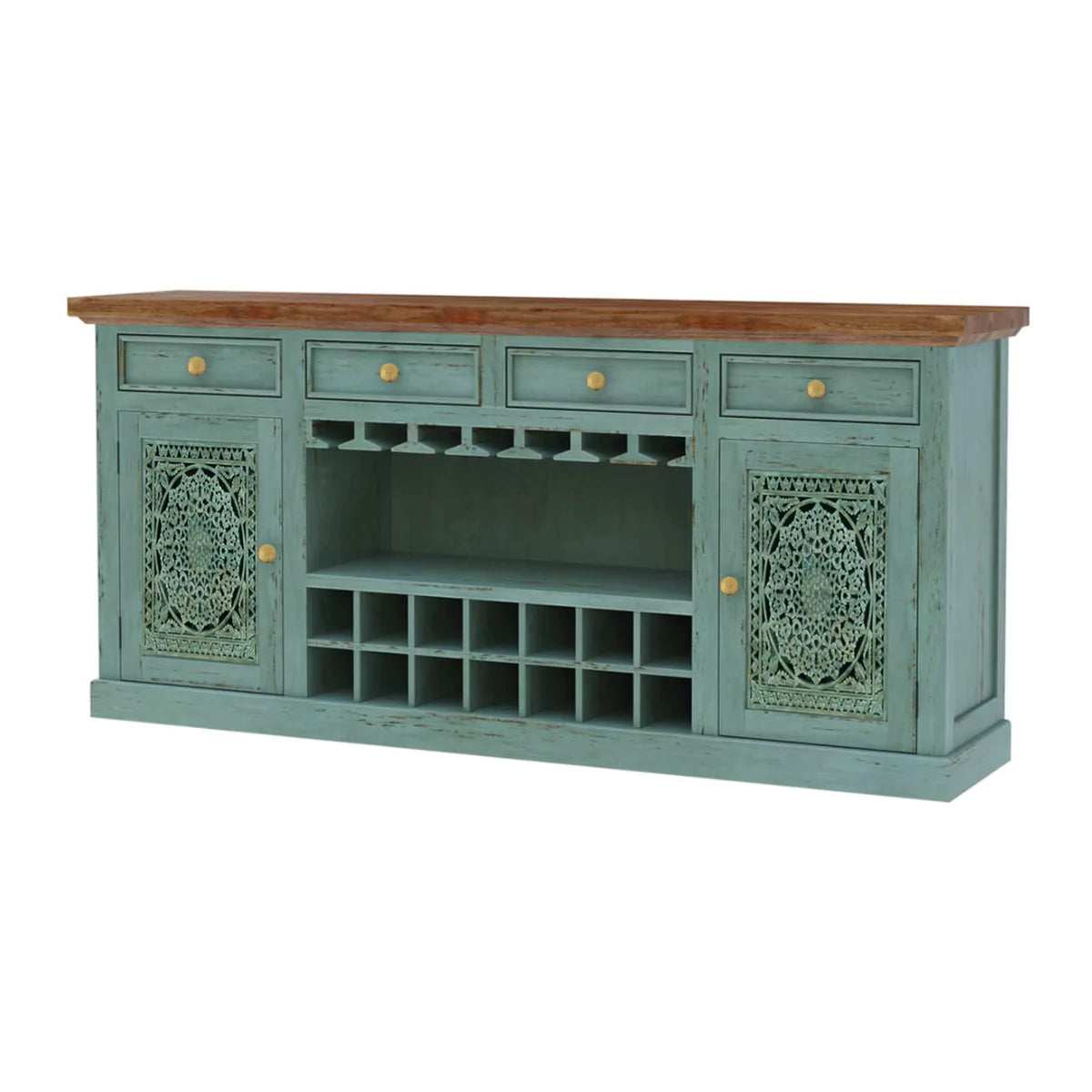 Montverde Rustic Distressed Handcarved Wooden Bar Cabinet