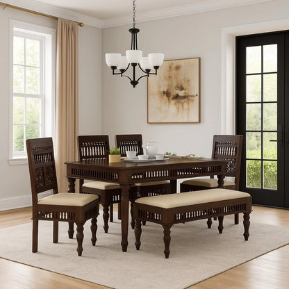 Noxen Traditional Solid Carved Wood Dining Set with Bench