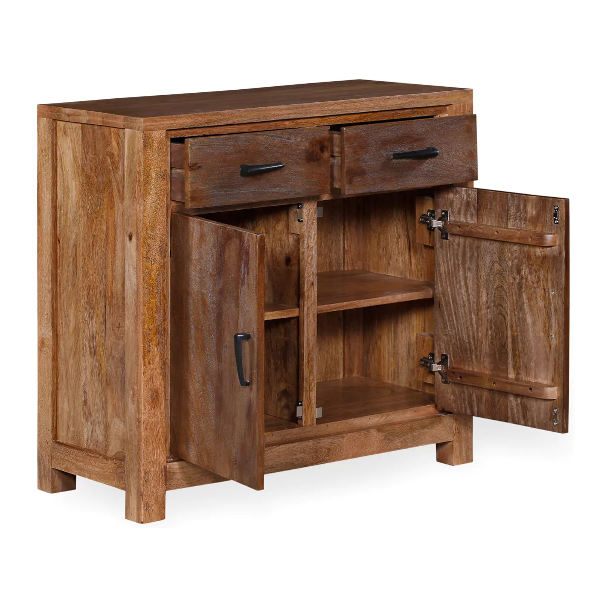 Orvencia Rustic Brown Solid Wood Small Sideboard - Open View.webp