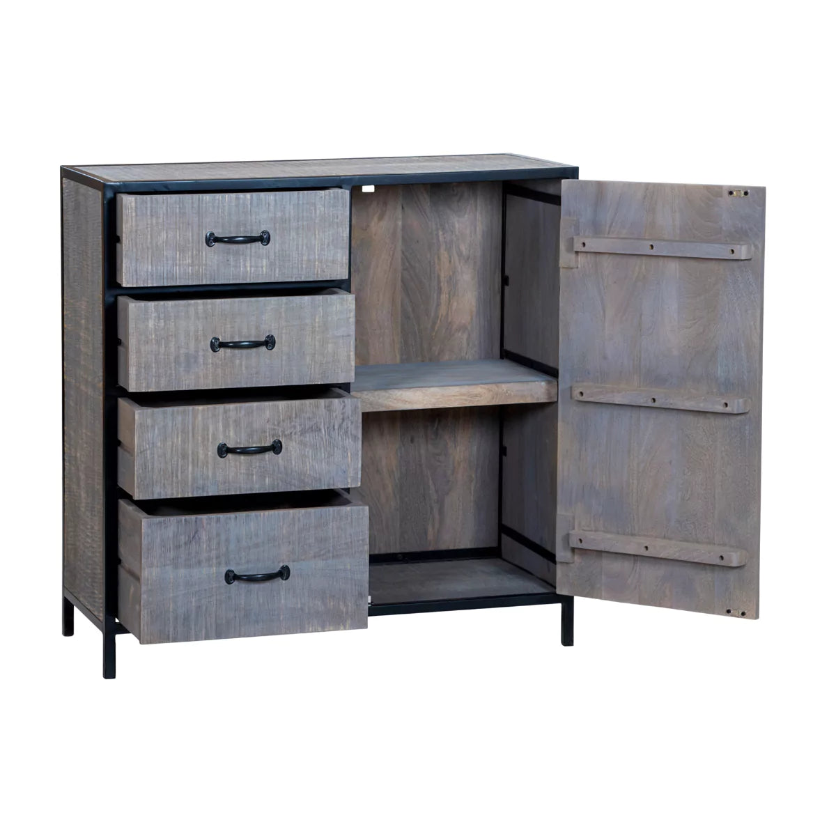 Ovela Industrial Style Grey Wooden Sideboard - Open View