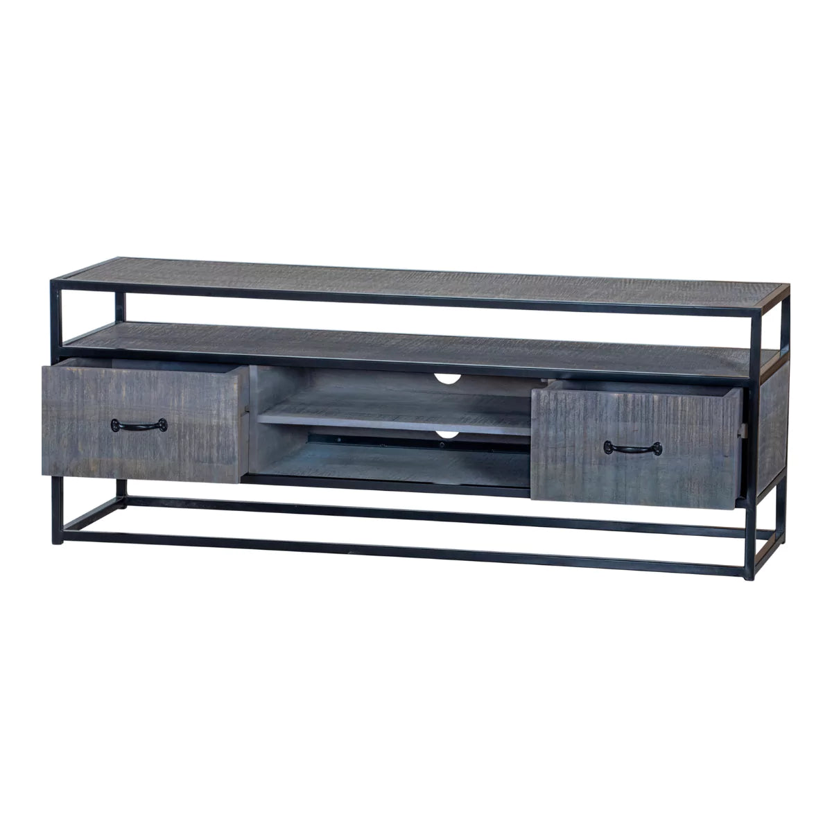 Ovela Wooden Grey Industrial TV Stand - Isometric View (2)