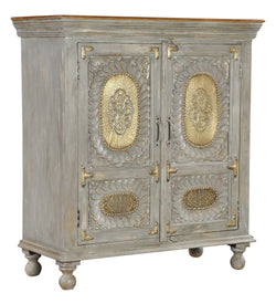 Prescott Hand-Carved Wooden Small Sideboard Distressed Grey – isometric view | Oak & Loom Solid Wood Furniture