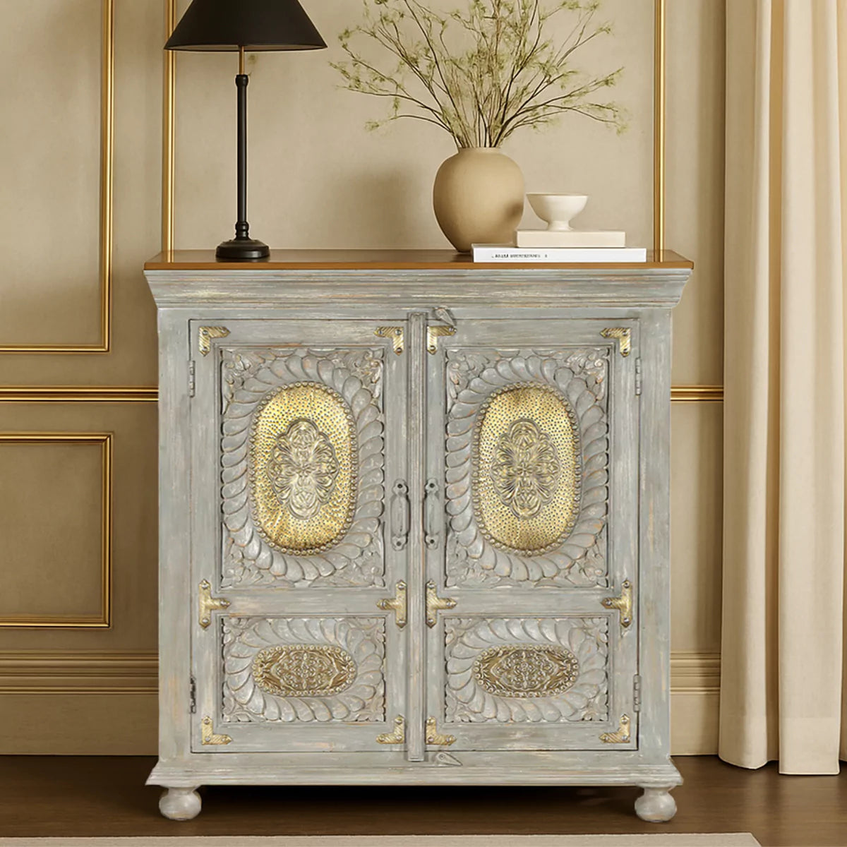 Prescott Hand-Carved Wooden Small Sideboard in Distressed Grey